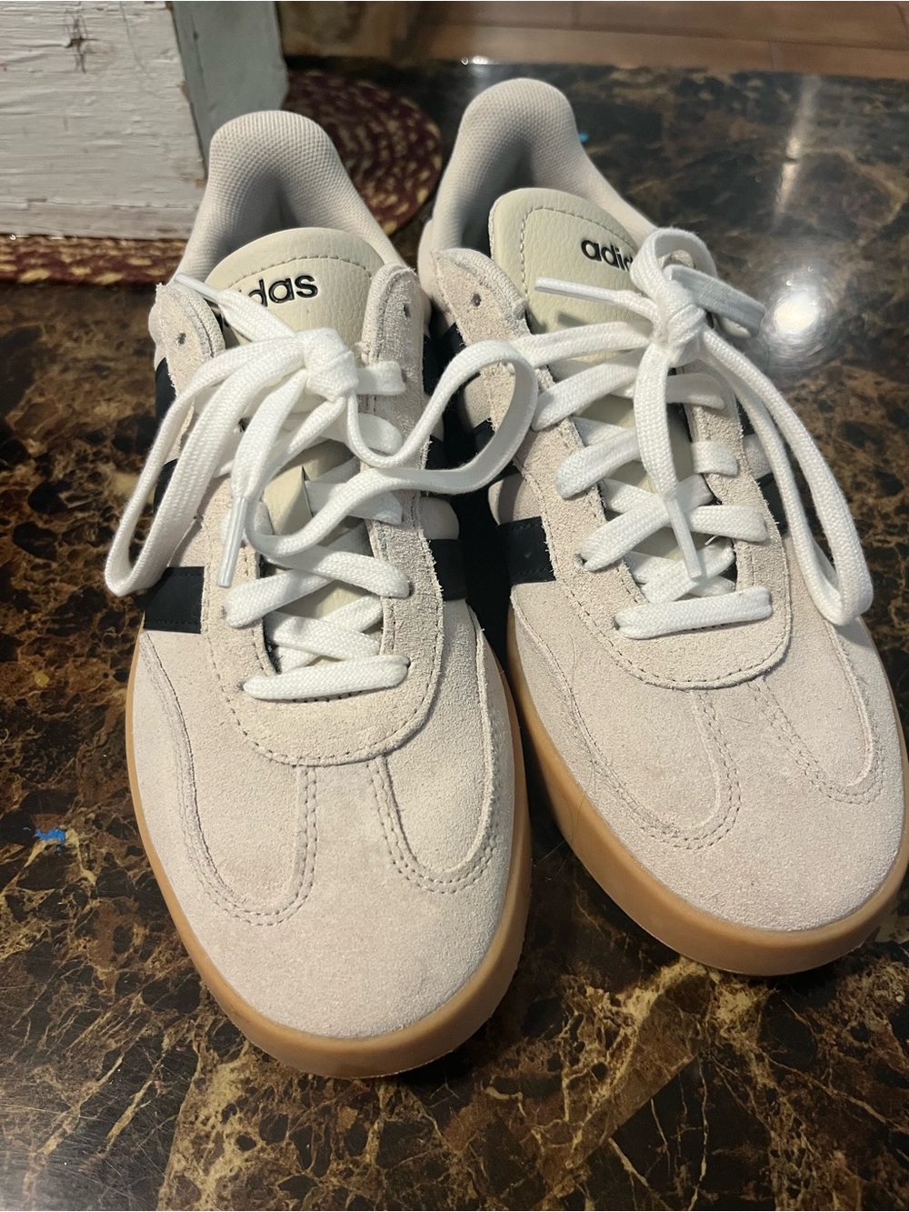 adidas Men's Suede Sneakers in Off-White with Black Stripes and Gum Sole